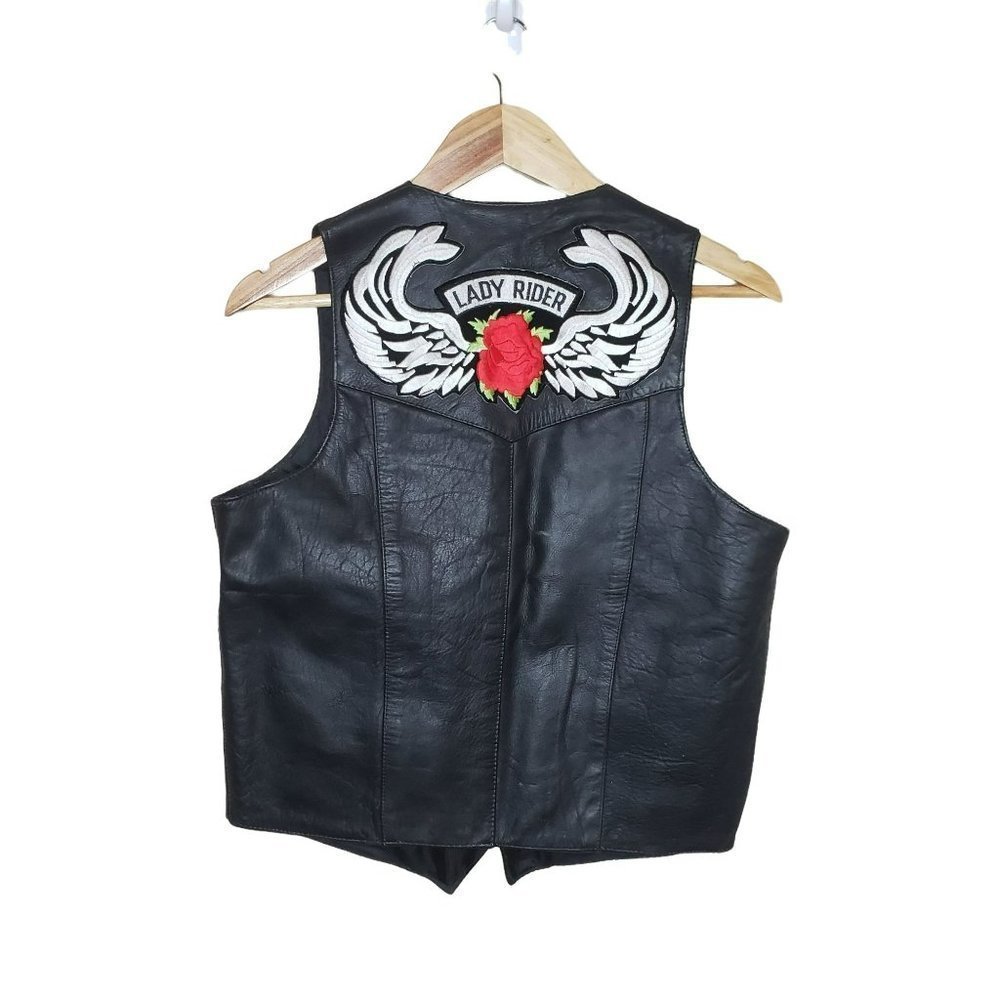 WOMENS Vintage UNIK Leather ROSE WINGS Embroidered Vest Lady Rider Pocke…
